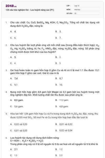 125 câu trắc nghiệm Oxi - Lưu huỳnh nâng cao (P1)