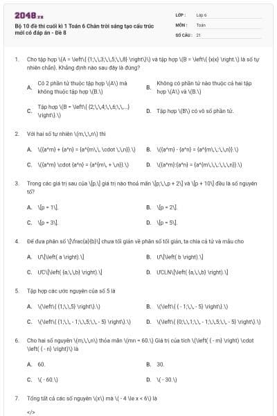 Bộ 10 đề thi cuối kì 1 Toán 6 Chân trời sáng tạo cấu trúc mới có đáp án - Đề 8