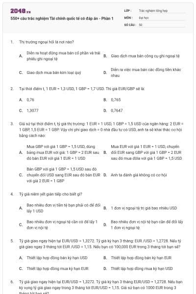 550+ câu trắc nghiệm Tài chính quốc tế có đáp án - Phần 1