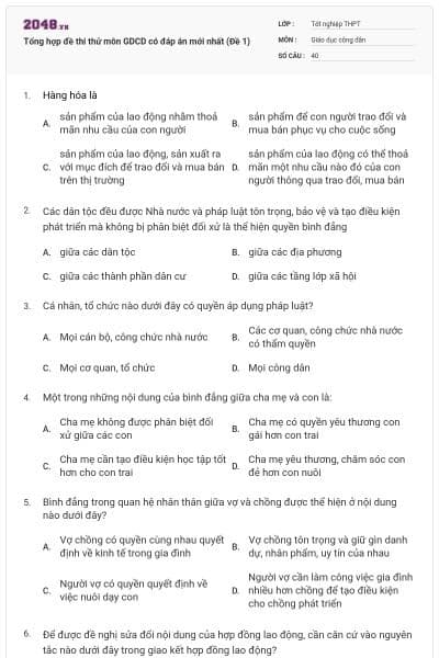 Tổng hợp đề thi thử môn GDCD có đáp án mới nhất (Đề 1)