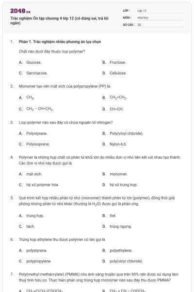 Trắc nghiệm Ôn tập chương 4 lớp 12 (có đúng sai, trả lời ngắn)