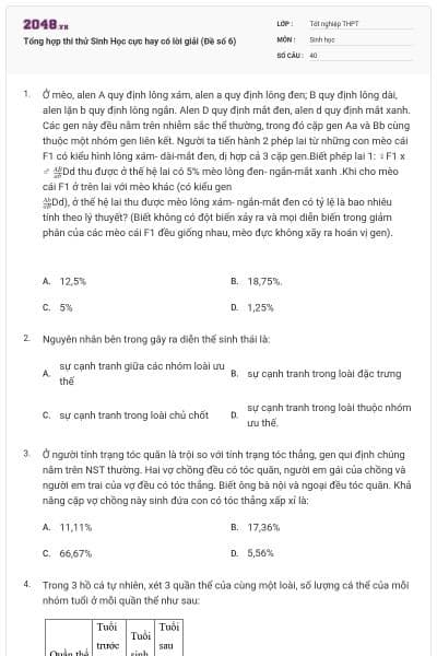 Tổng hợp thi thử Sinh Học cực hay có lời giải (Đề số 6)