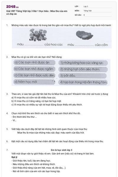 Giải VBT Tiếng Việt lớp 3 Bài 1 Đọc hiểu : Mùa thu của em có đáp án