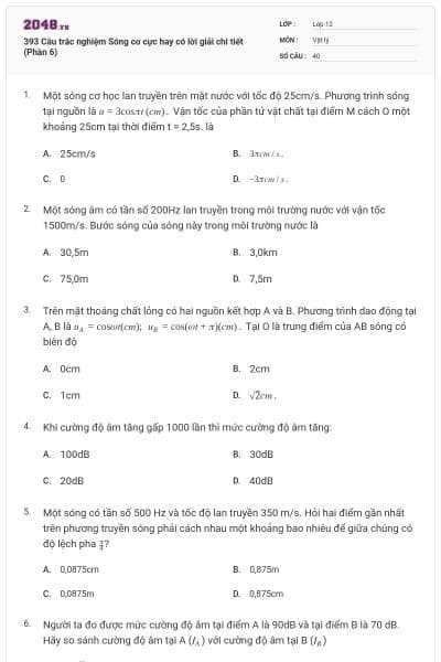 393 Câu trắc nghiệm Sóng cơ cực hay có lời giải chi tiết (Phần 6)