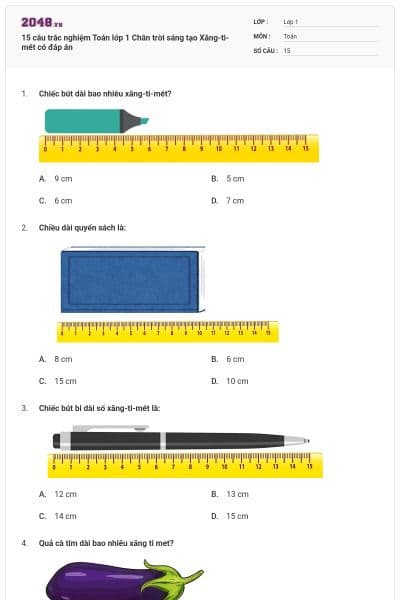 15 câu trắc nghiệm Toán lớp 1 Chân trời sáng tạo Xăng-ti-mét có đáp án