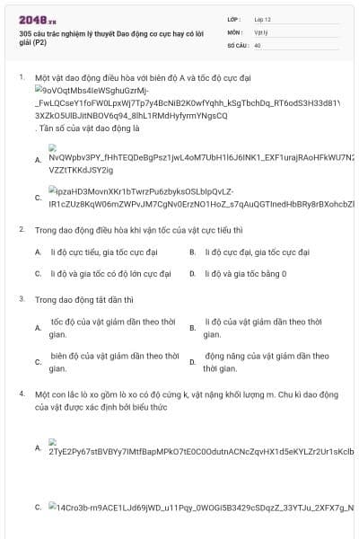 305 câu trắc nghiệm lý thuyết Dao động cơ cực hay có lời giải (P2)