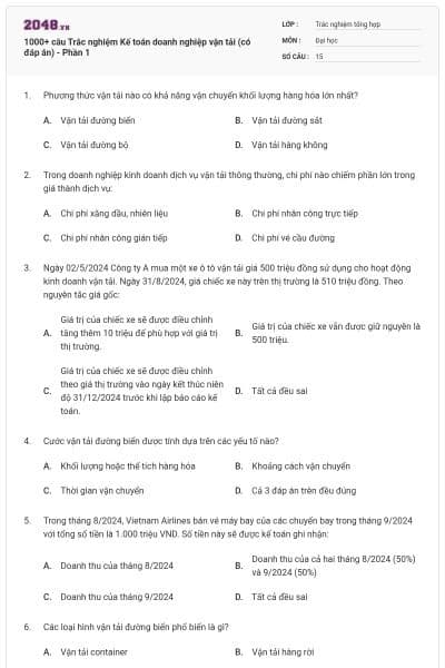 1000+ câu Trắc nghiệm Kế toán doanh nghiệp vận tải (có đáp án) - Phần 1