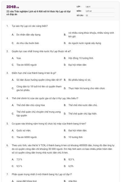22 câu Trắc nghiệm Lịch sử 6 Kết nối tri thức Hy Lạp cổ đại có đáp án