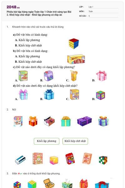 Phiếu bài tập hàng ngày Toán lớp 1 Chân trời sáng tạo Bài 2. Khối hộp chữ nhật - Khối lập phương có đáp án