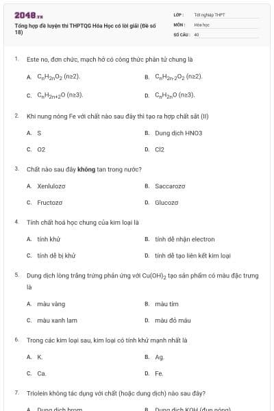 Tổng hợp đề luyện thi THPTQG Hóa Học có lời giải (Đề số 18)