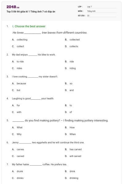Top 5 Đề thi giữa kì 1 Tiếng Anh 7 có đáp án