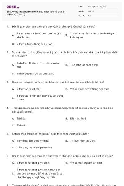 2000+ câu Trắc nghiệm tổng hợp Triết học có đáp án (Phần 4) (Part 2)