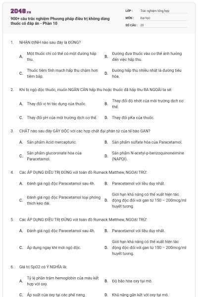 900+ câu trắc nghiệm Phương pháp điều trị không dùng thuốc có đáp án - Phần 10