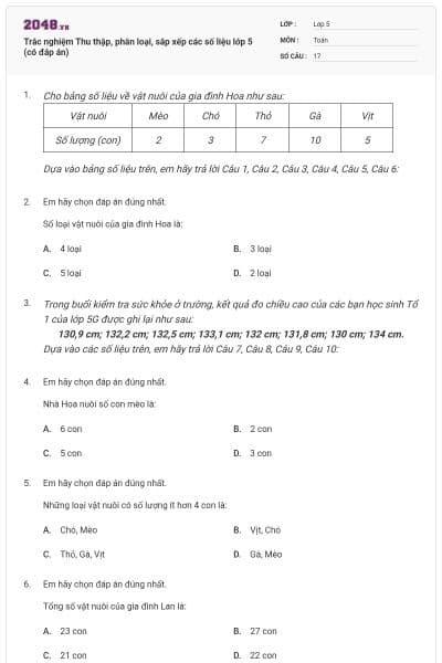 Trắc nghiệm Thu thập, phân loại, sắp xếp các số liệu lớp 5 (có đáp án)
