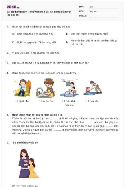 Bài tập hàng ngày Tiếng Việt lớp 3 Bài 12. Bài tập làm văn (có đáp án)