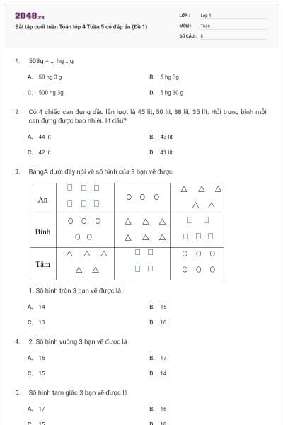 Bài tập cuối tuần Toán lớp 4 Tuần 5 có đáp án (Đề 1)