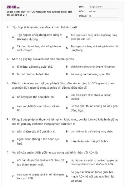 25 Bộ đề thi thử THPTQG môn Sinh hoc cực hay có lời giải chi tiết (Đề số 21)