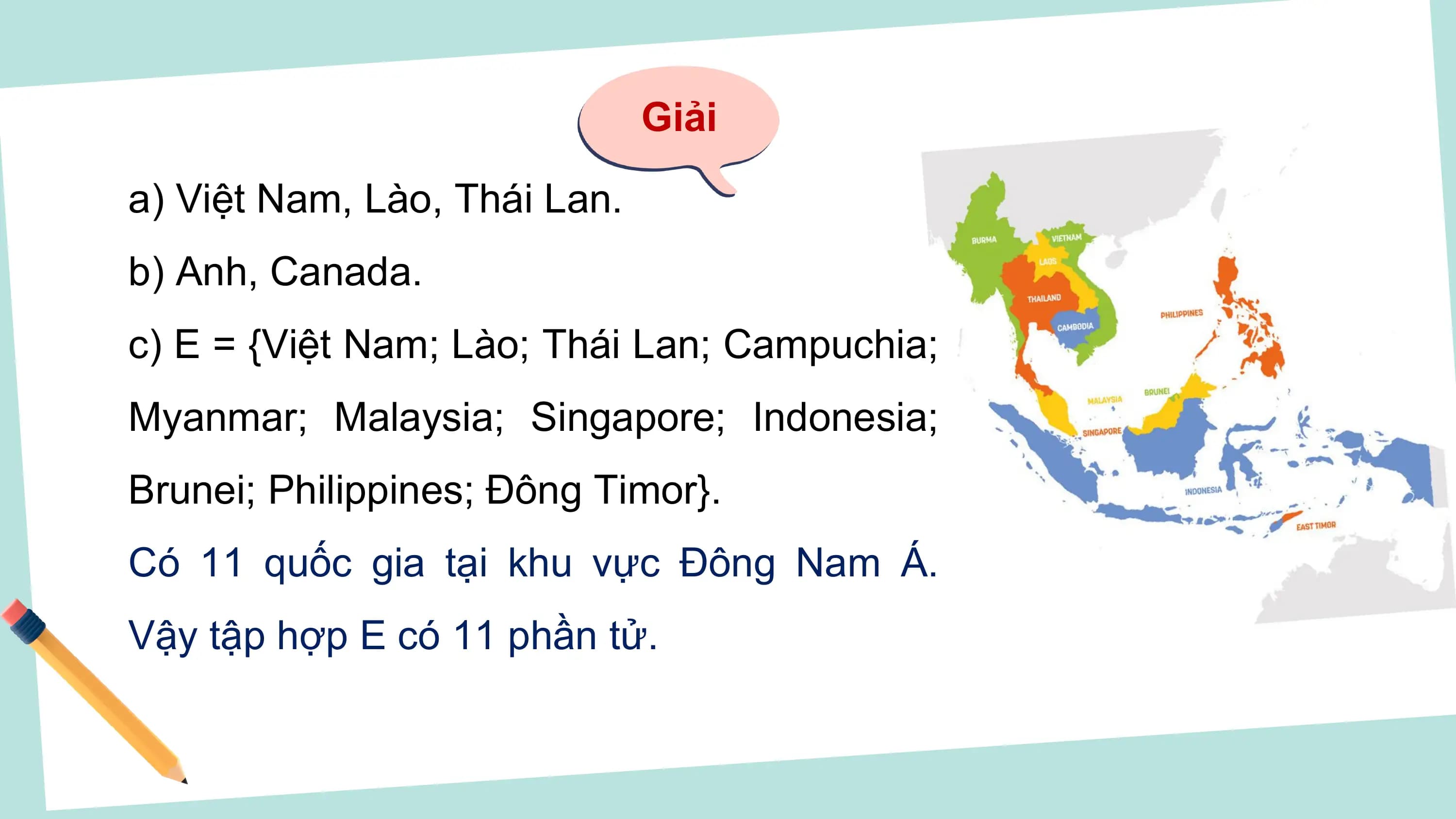 Giải

a) Việt Nam, Lào, Thái Lan.
b) Anh, Canada.
c) E = {Việt Nam; Lào; Thái Lan; Campuchia;
Myanmar; Malaysia; Singapore; Indonesia;
Brunei; Philippines; Đông Timor}.
Có 11 quốc gia tại khu vực Đông Nam Á.
Vậy tập hợp E có 11 phần tử.