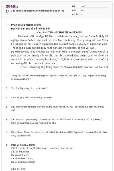 Bộ 10 đề thi cuối kì 2 Ngữ văn 6 Cánh diều có đáp án (Đề 7)
