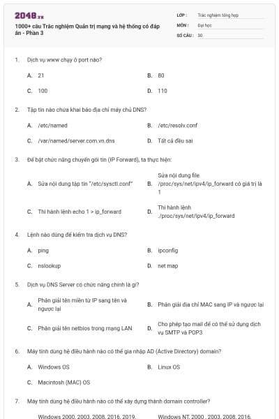 1000+ câu Trắc nghiệm Quản trị mạng và hệ thống có đáp án - Phần 3