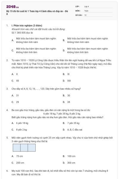 Bộ 15 đề thi cuối kì 1 Toán lớp 4 Cánh diều có đáp án - Đề 8