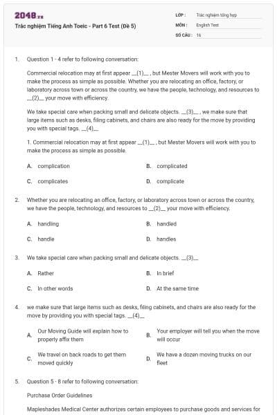 Trắc nghiệm Tiếng Anh Toeic - Part 6 Test (Đề 5)