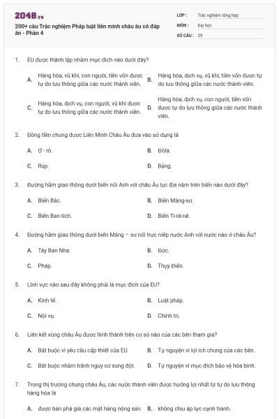 200+ câu Trắc nghiệm Pháp luật liên minh châu âu có đáp án - Phần 4