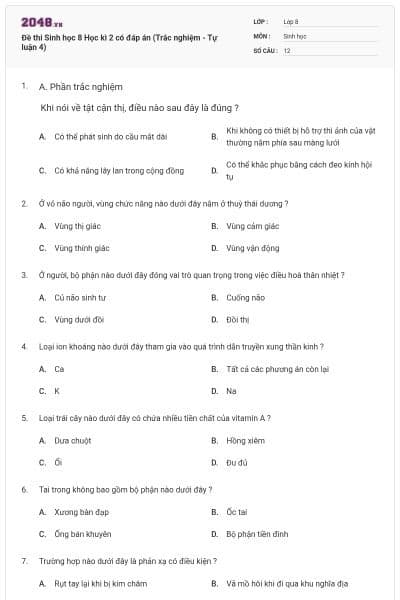Đề thi Sinh học 8 Học kì 2 có đáp án (Trắc nghiệm - Tự luận 4)