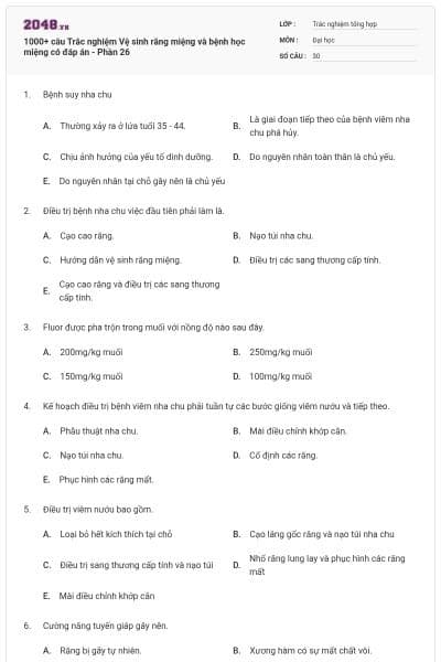1000+ câu Trắc nghiệm Vệ sinh răng miệng và bệnh học miệng có đáp án - Phần 26