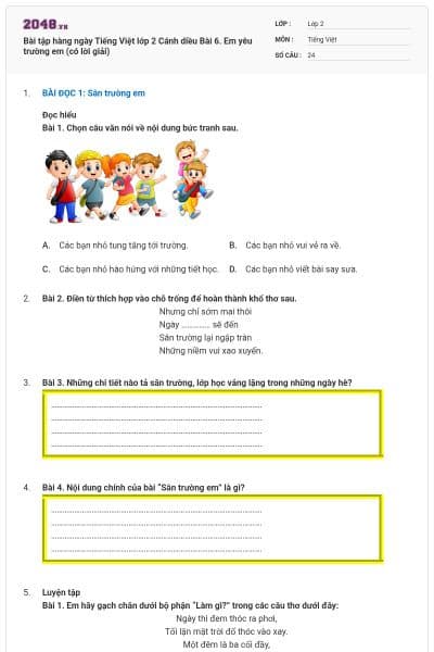 Bài tập hàng ngày Tiếng Việt lớp 2 Cánh diều Bài 6. Em yêu trường em (có lời giải)