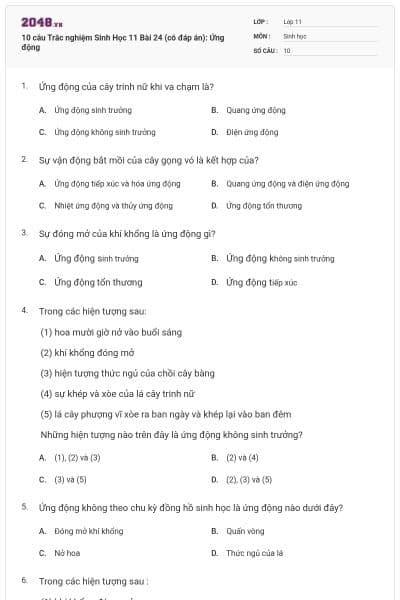 10 câu  Trắc nghiệm Sinh Học 11 Bài 24 (có đáp án): Ứng động