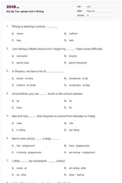 Bài tập Trắc nghiệm Unit 4 Writing