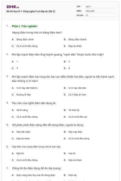 Đề thi Học kì 1 Công nghệ 9 có đáp án (Đề 2)