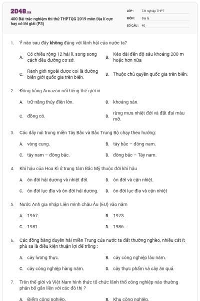 400 Bài trắc nghiệm thi thử THPTQG 2019 môn Địa lí cực hay có lời giải (P3)