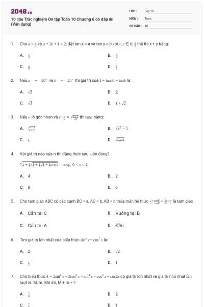 10 câu Trắc nghiệm Ôn tập Toán 10 Chương 6 có đáp án (Vận dụng)