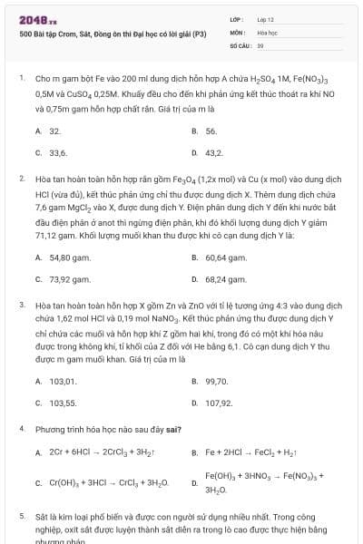 500 Bài tập Crom, Sắt, Đồng ôn thi Đại học có lời giải (P3)