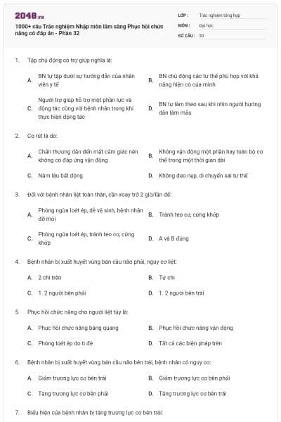 1000+ câu Trắc nghiệm Nhập môn lâm sàng Phục hồi chức năng có đáp án - Phần 32