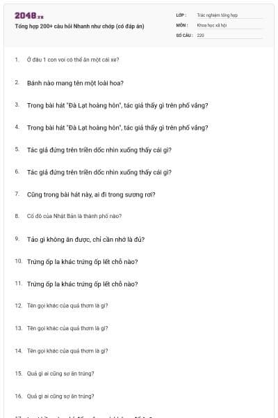 Tổng hợp 200+ câu hỏi Nhanh như chớp (có đáp án)