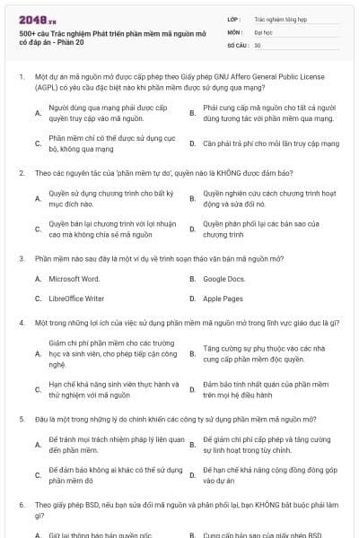 500+ câu Trắc nghiệm Phát triển phần mềm mã nguồn mở có đáp án - Phần 20