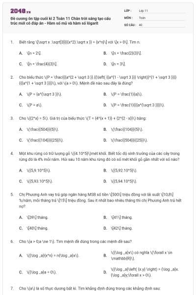 Đề cương ôn tập cuối kì 2 Toán 11 Chân trời sáng tạo cấu trúc mới có đáp án - Hàm số mũ và hàm số lôgarit