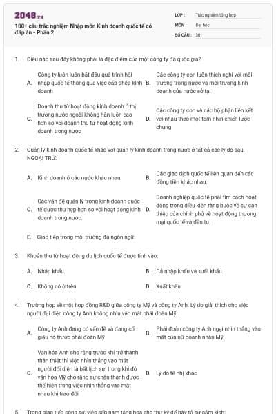 100+ câu trắc nghiệm Nhập môn Kinh doanh quốc tế có đáp án - Phần 2