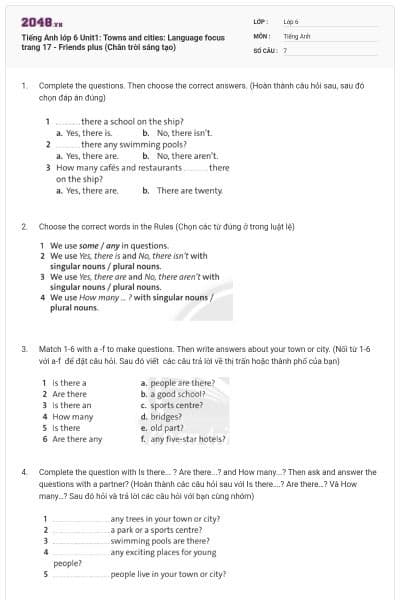 Tiếng Anh lớp 6 Unit1: Towns and cities: Language focus trang 17 - Friends plus (Chân trời sáng tạo)