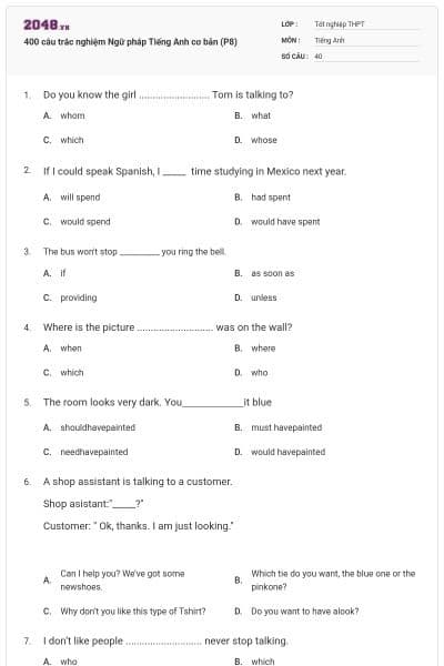 400 câu trắc nghiệm Ngữ pháp Tiếng Anh cơ bản (P8)