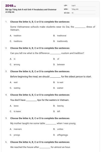 Bài tập Tiếng Anh 8 mới Unit 4 Vocabulary and Grammar có đáp án