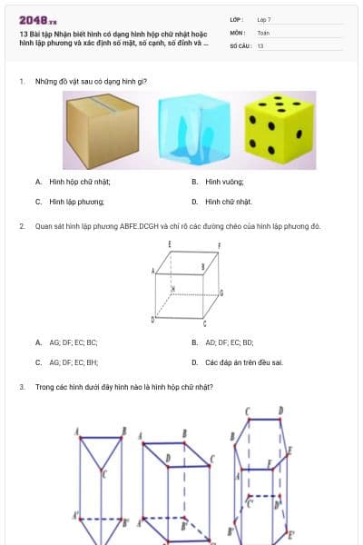 13 Bài tập Nhận biết hình có dạng hình hộp chữ nhật hoặc hình lập phương và xác định số mặt, số cạnh, số đỉnh và độ dài cạnh của hình hộp chữ nhật, hình lập phương (có lời giải)