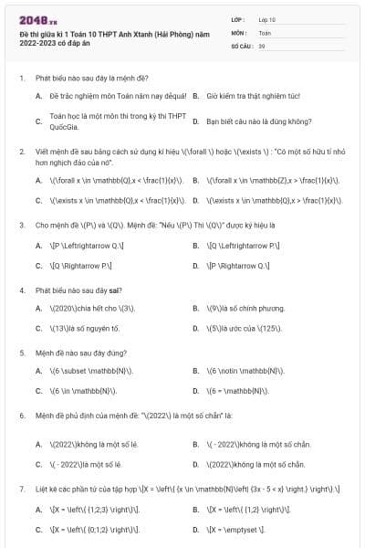 Đề thi giữa kì 1 Toán 10 THPT Anh Xtanh (Hải Phòng) năm 2022-2023 có đáp án