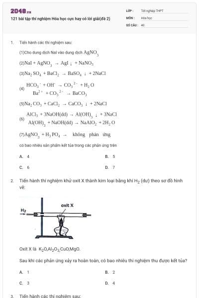 121 bài tập thí nghiệm Hóa học cực hay có lời giải(đề 2)