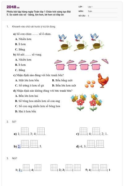 Phiếu bài tập hàng ngày Toán lớp 1 Chân trời sáng tạo Bài 5. So sánh các số - bằng, lớn hơn, bé hơn có đáp án