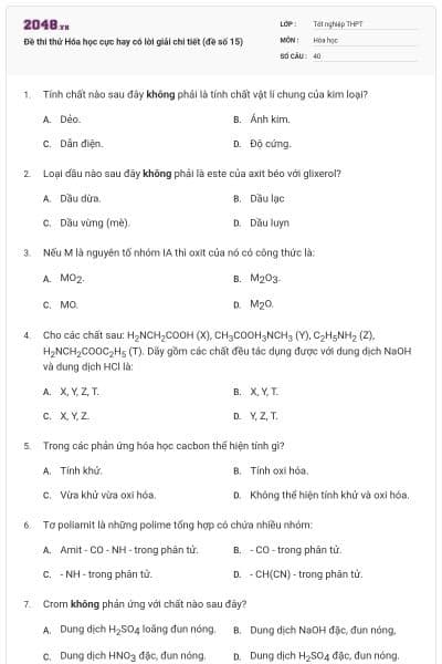 Đề thi thử Hóa học cực hay có lời giải chi tiết (đề số 15)