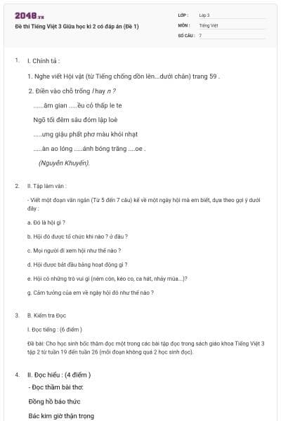 Đề thi Tiếng Việt 3 Giữa học kì 2 có đáp án (Đề 1)